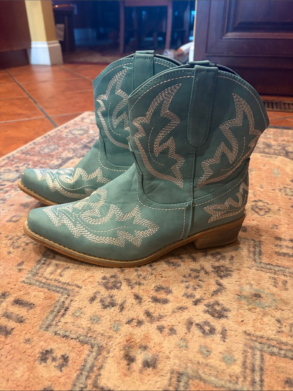 Teal Western Cowboy Boots with white Stitching